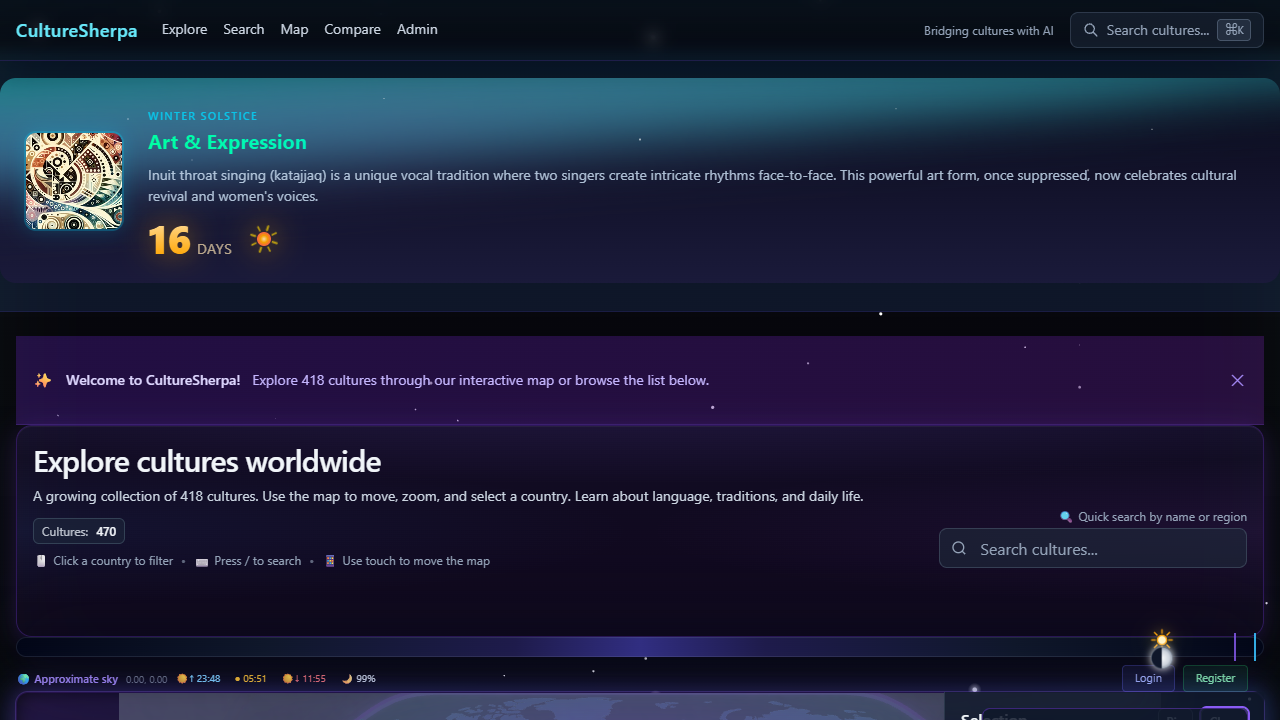 CultureSherpa - Interactive world map showing 470 cultures with data visualization